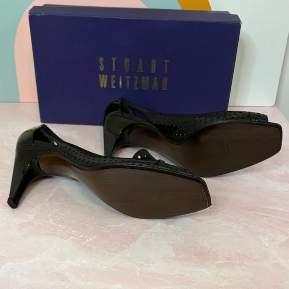 Stuart Weitzman Bowden Peep Toe Black Patent Perforated Buckle Heels, 10M - Picture 3 of 8